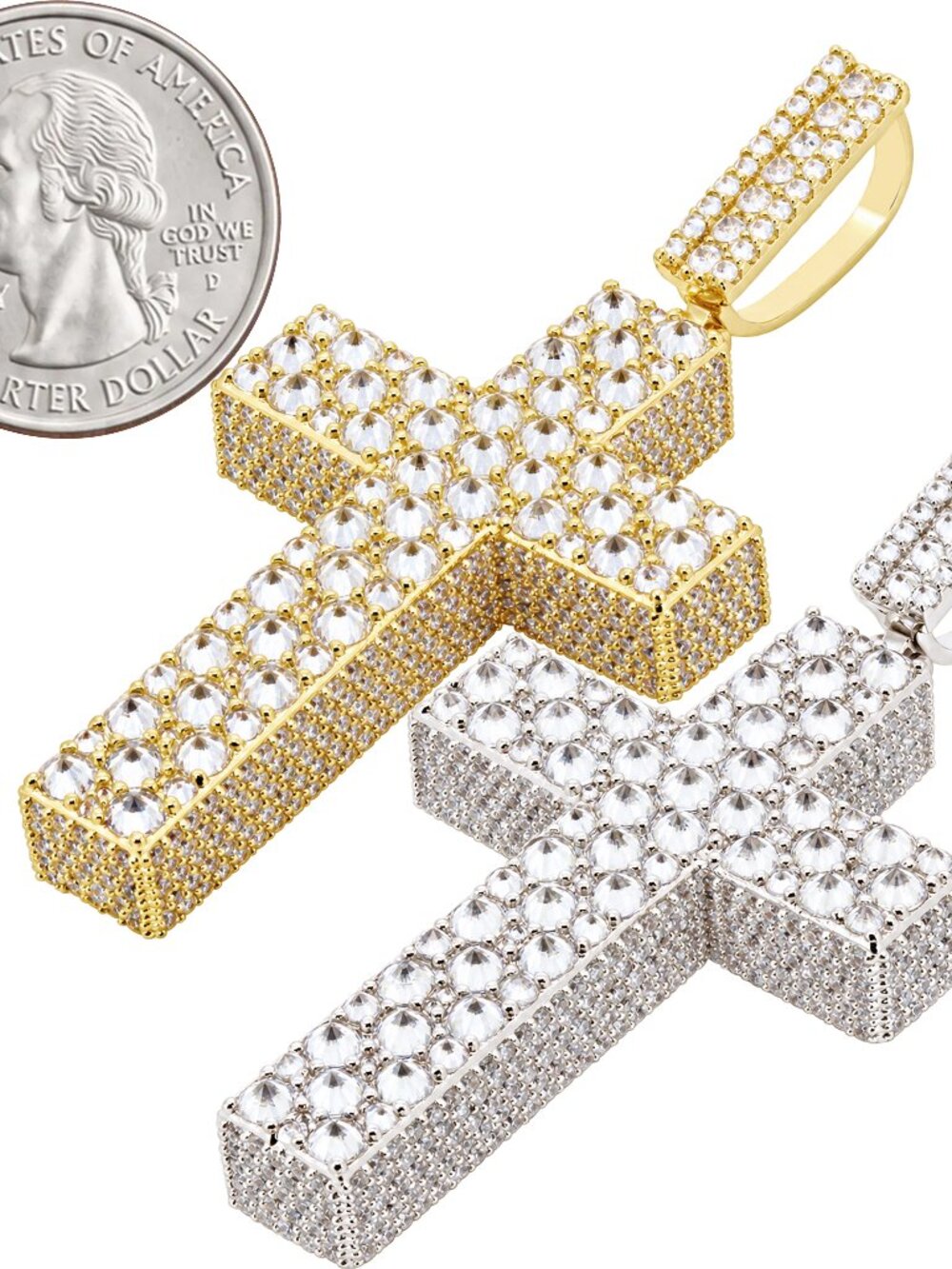 14k Yellow/White Gold Plated AAACubic Zirconia Reverse-Set Cluster Cross Pendant